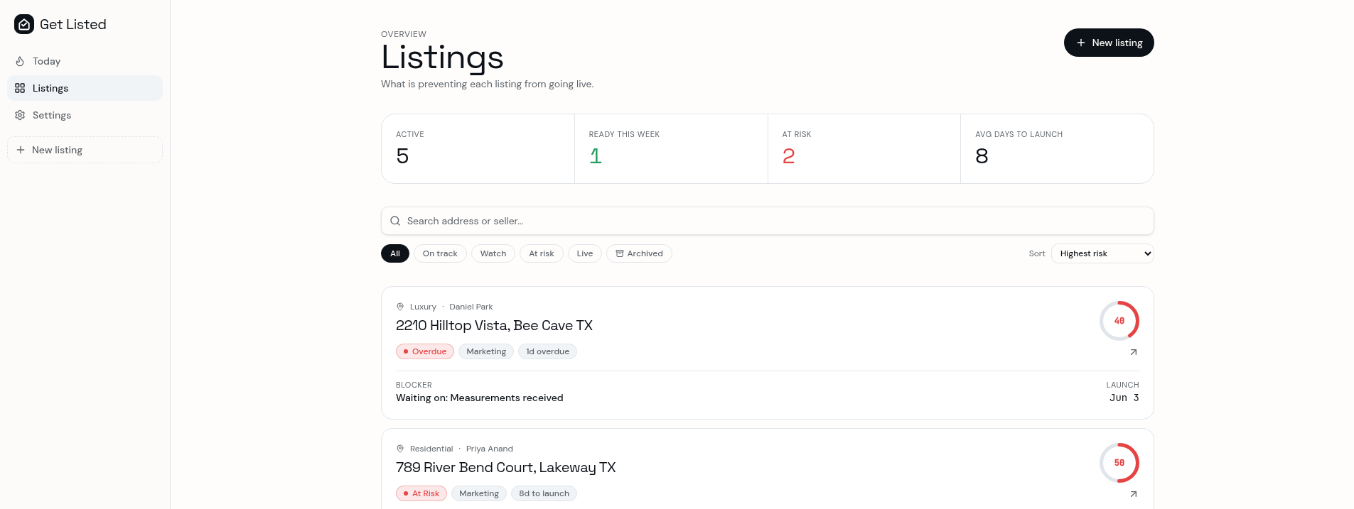 Get Listed dashboard showing every active listing, blockers, and launch readiness scores